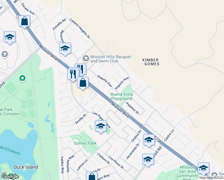 map of restaurants, bars, coffee shops, grocery stores, and more near 40379 Dolerita Avenue in Fremont