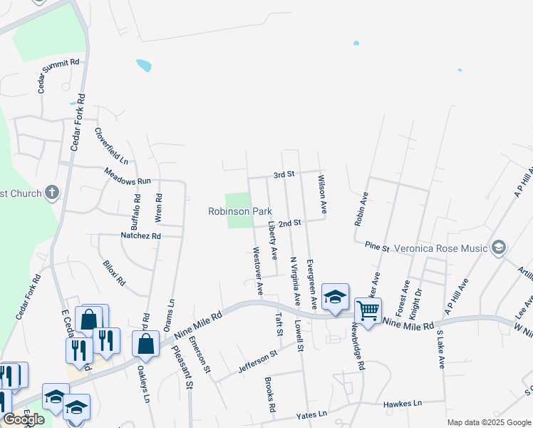 map of restaurants, bars, coffee shops, grocery stores, and more near 204 Liberty Avenue in Richmond
