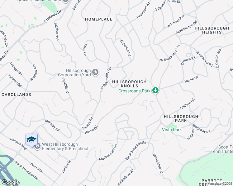 map of restaurants, bars, coffee shops, grocery stores, and more near 1267 La Cumbre Road in Hillsborough