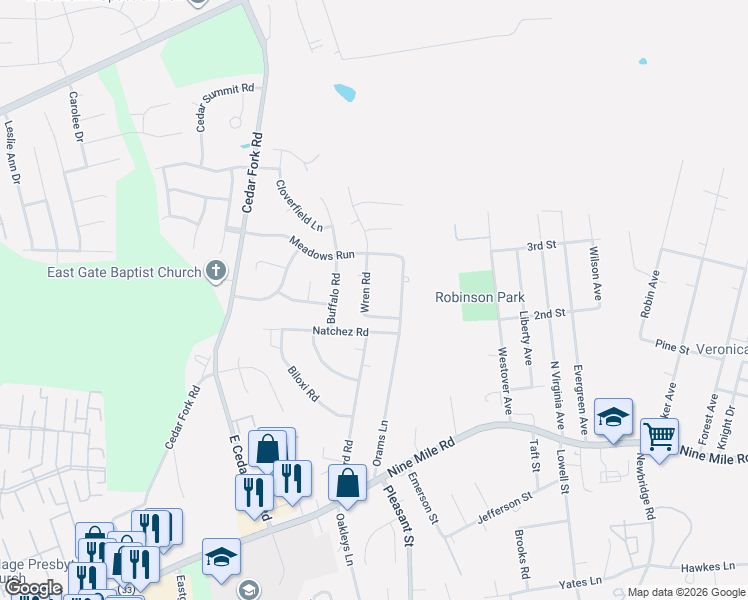 map of restaurants, bars, coffee shops, grocery stores, and more near 201 Wren Road in Richmond