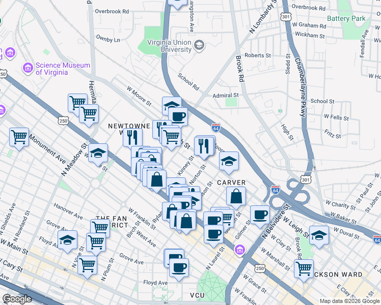 map of restaurants, bars, coffee shops, grocery stores, and more near 1409 Catherine Street in Richmond