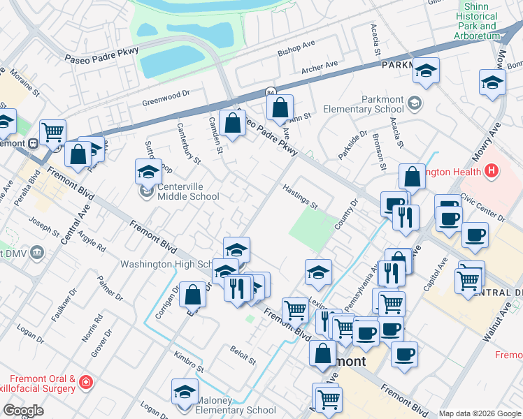 map of restaurants, bars, coffee shops, grocery stores, and more near 3330 Eggers Drive in Fremont