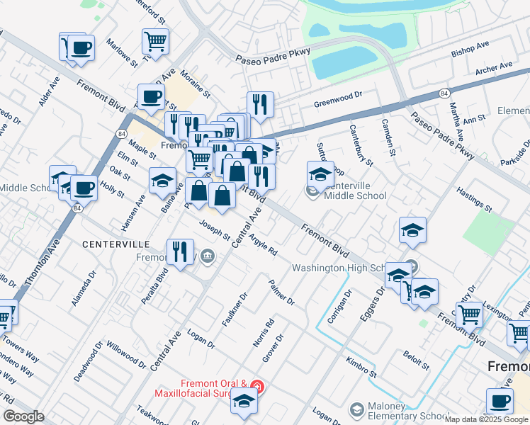 map of restaurants, bars, coffee shops, grocery stores, and more near 4080 Central Avenue in Fremont