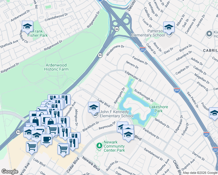 map of restaurants, bars, coffee shops, grocery stores, and more near 35321 Cheviot Court in Newark