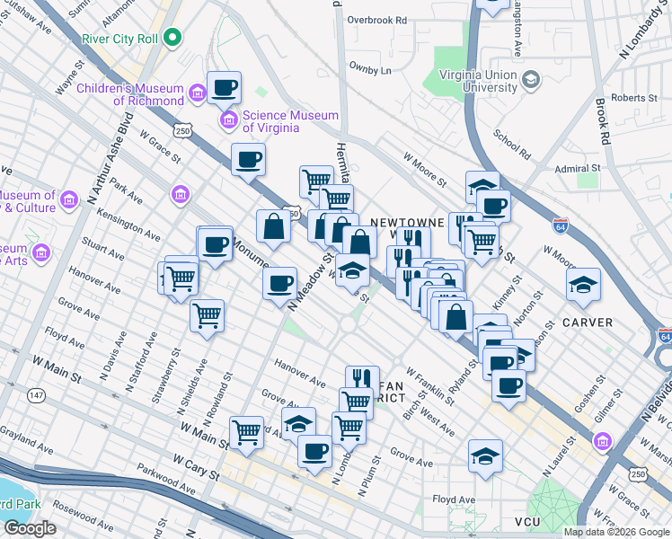 map of restaurants, bars, coffee shops, grocery stores, and more near 1818 West Grace Street in Richmond