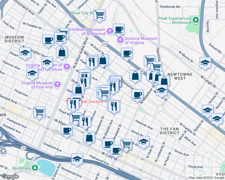 map of restaurants, bars, coffee shops, grocery stores, and more near 2312 Stuart Avenue in Richmond