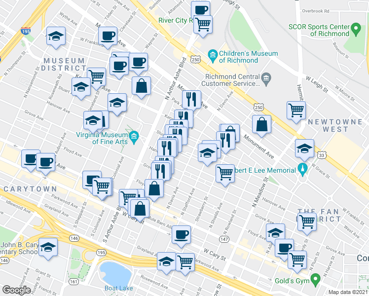 map of restaurants, bars, coffee shops, grocery stores, and more near 2512 Hanover Avenue in Richmond