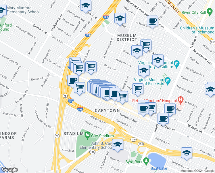 map of restaurants, bars, coffee shops, grocery stores, and more near 3313 Ellwood Avenue in Richmond
