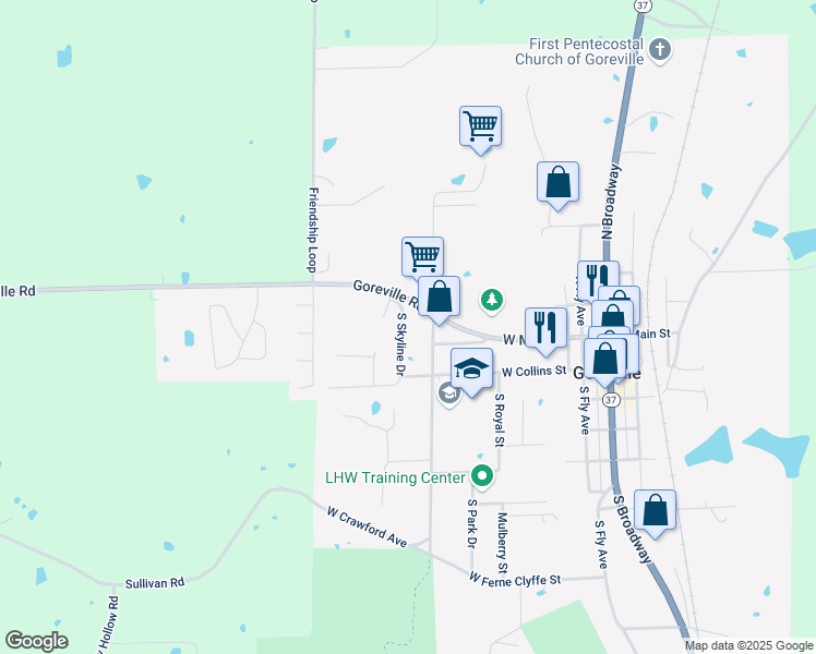 map of restaurants, bars, coffee shops, grocery stores, and more near 101-199 S Skyline Dr in Goreville