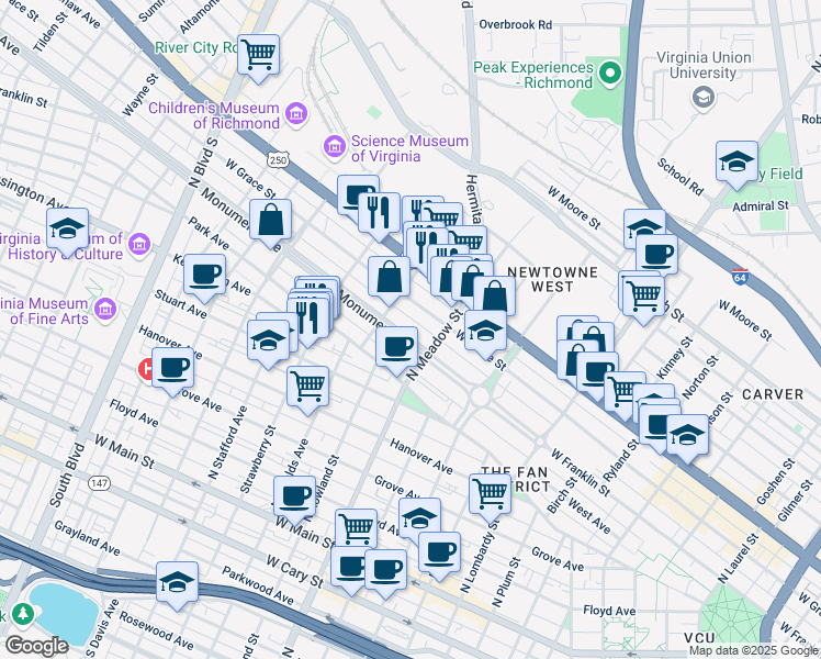 map of restaurants, bars, coffee shops, grocery stores, and more near 2020 Monument Avenue in Richmond
