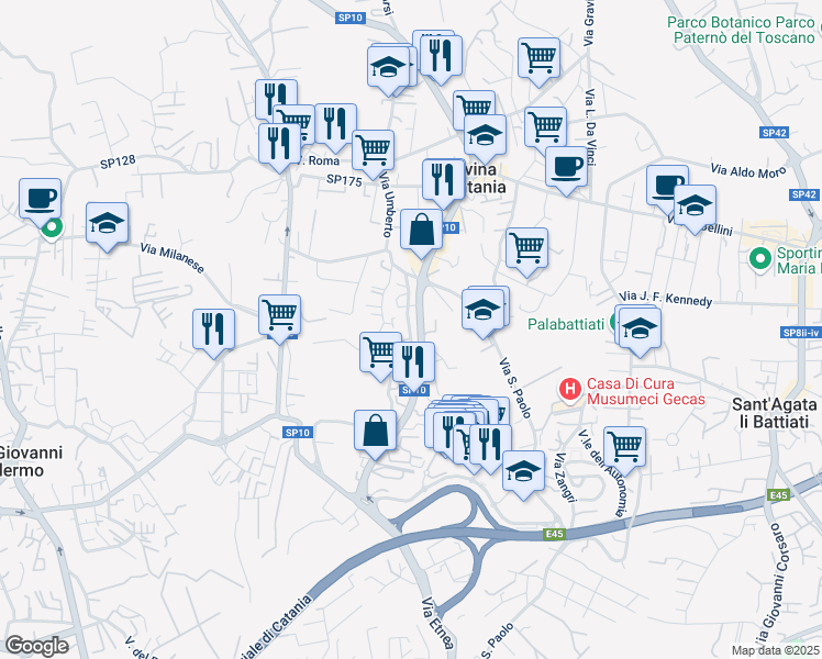 map of restaurants, bars, coffee shops, grocery stores, and more near 15 Via Giorgio Arcoleo in Gravina di Catania
