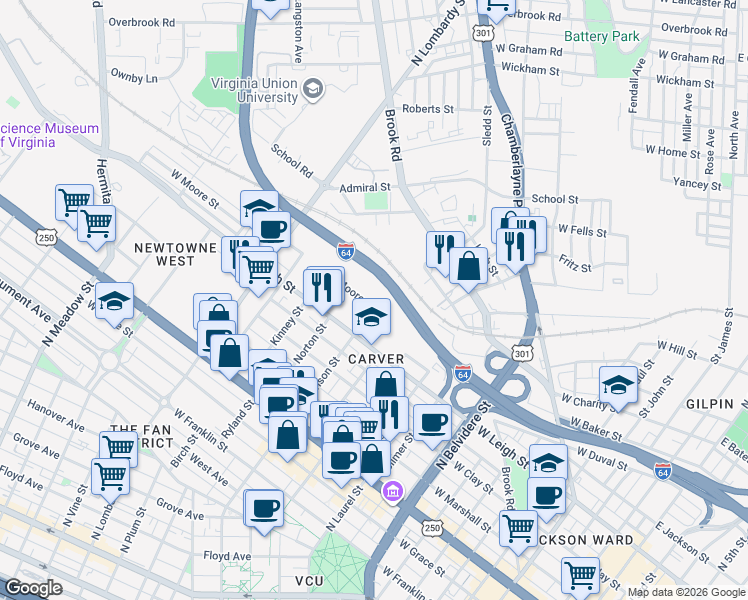 map of restaurants, bars, coffee shops, grocery stores, and more near 1200 West Moore Street in Richmond