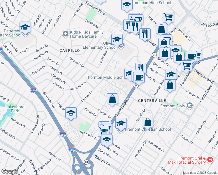 map of restaurants, bars, coffee shops, grocery stores, and more near 4567 Balboa Way in Fremont