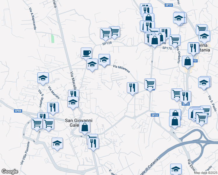 map of restaurants, bars, coffee shops, grocery stores, and more near 31 Via Galassia in Catania