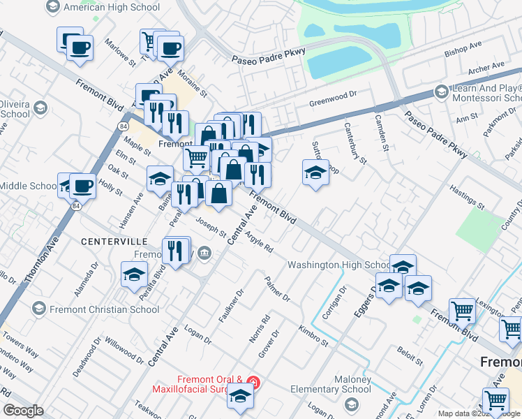 map of restaurants, bars, coffee shops, grocery stores, and more near in Fremont