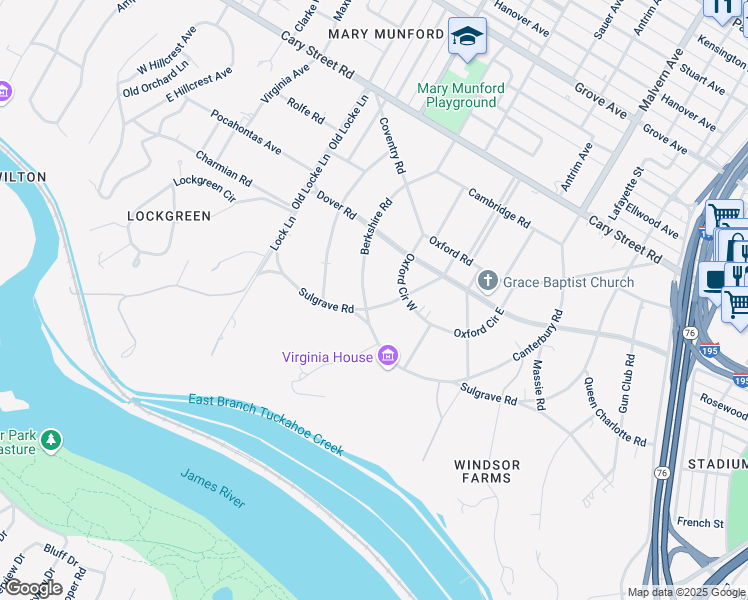map of restaurants, bars, coffee shops, grocery stores, and more near 4310 Sulgrave Road in Richmond