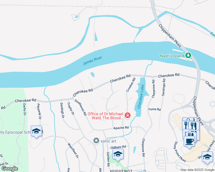 map of restaurants, bars, coffee shops, grocery stores, and more near 10301 Cherokee Road in Richmond