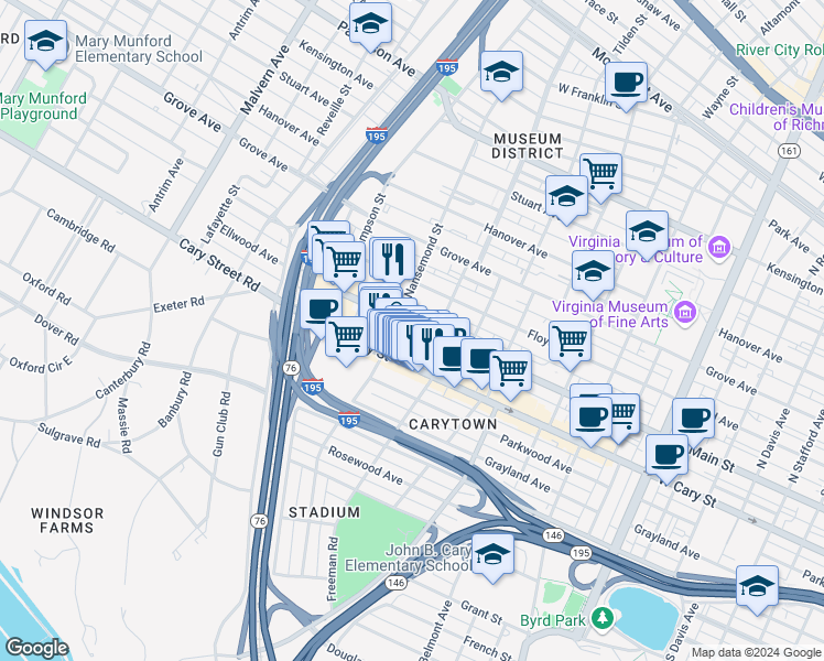 map of restaurants, bars, coffee shops, grocery stores, and more near 3423 Ellwood Avenue in Richmond