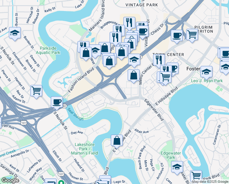 map of restaurants, bars, coffee shops, grocery stores, and more near 2000 Winward Way in San Mateo