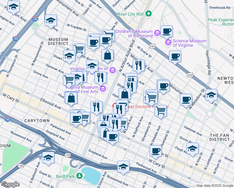 map of restaurants, bars, coffee shops, grocery stores, and more near 2708 Hanover Avenue in Richmond