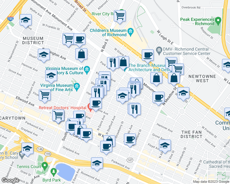 map of restaurants, bars, coffee shops, grocery stores, and more near 407 North Davis Avenue in Richmond