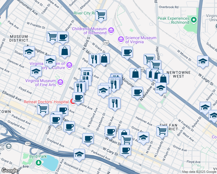 map of restaurants, bars, coffee shops, grocery stores, and more near 419 North Stafford Avenue in Richmond