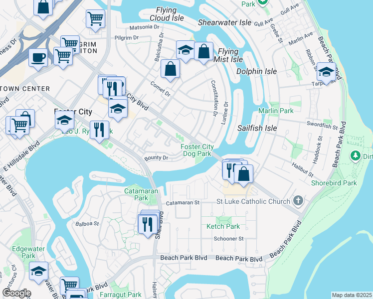 map of restaurants, bars, coffee shops, grocery stores, and more near 716 Bounty Drive in Foster City