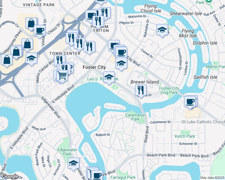 map of restaurants, bars, coffee shops, grocery stores, and more near 670 Shell Boulevard in Foster City