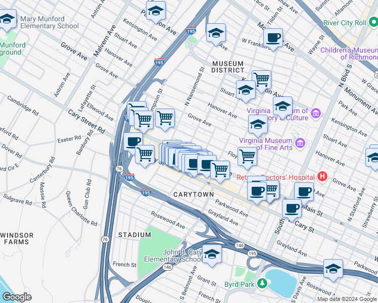 map of restaurants, bars, coffee shops, grocery stores, and more near 3328 Ellwood Avenue in Richmond