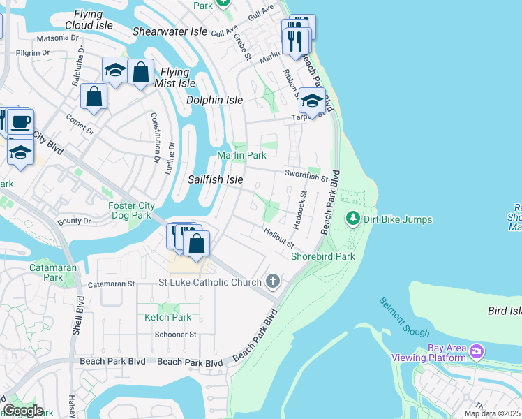 map of restaurants, bars, coffee shops, grocery stores, and more near 1327 Halibut Street in Foster City