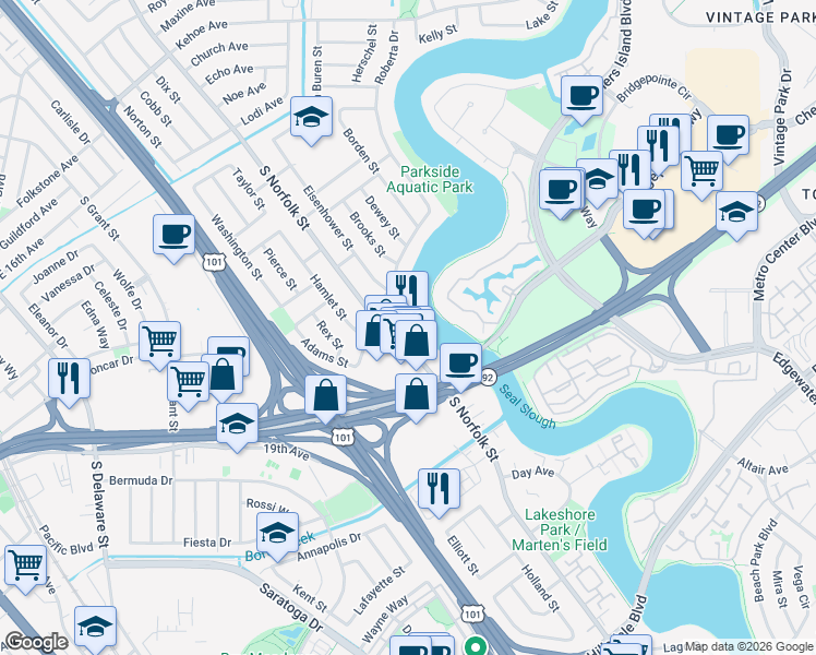 map of restaurants, bars, coffee shops, grocery stores, and more near 1855 South Norfolk Street in San Mateo