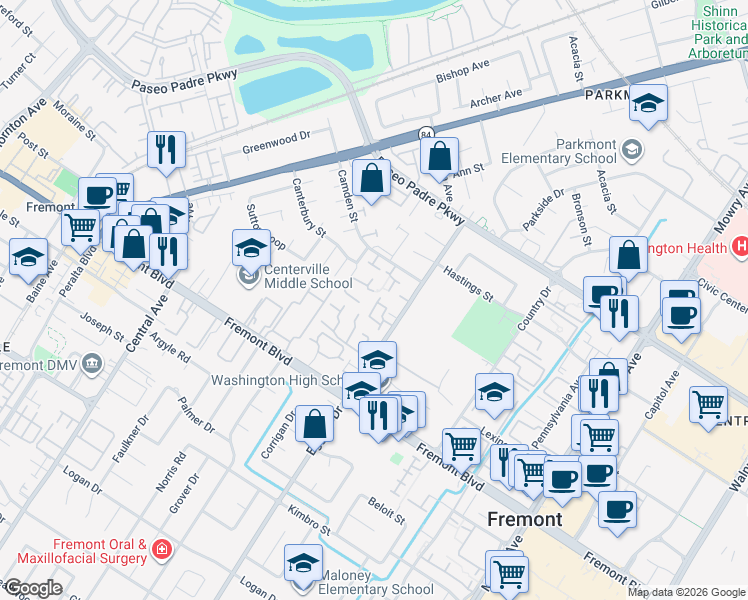 map of restaurants, bars, coffee shops, grocery stores, and more near 3601 Eggers Drive in Fremont