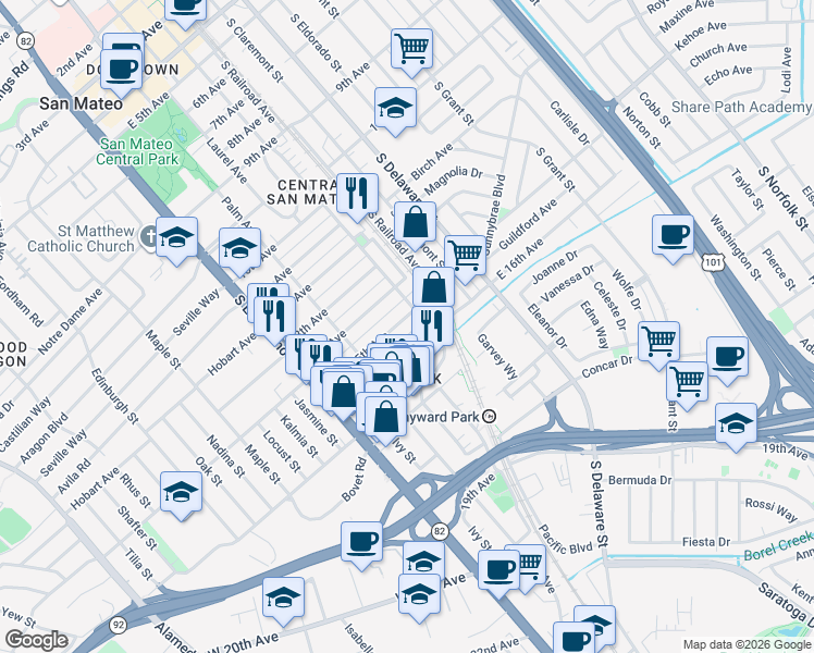 map of restaurants, bars, coffee shops, grocery stores, and more near 137 16th Avenue in San Mateo