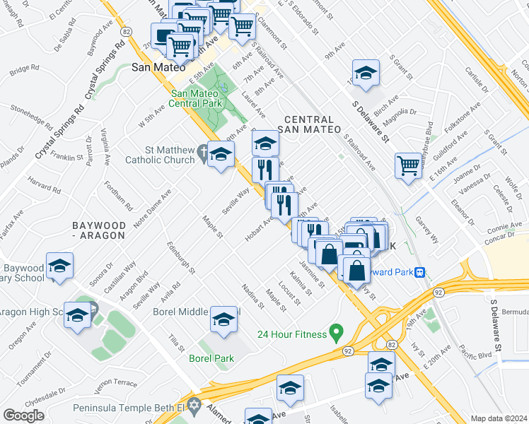 map of restaurants, bars, coffee shops, grocery stores, and more near 21 Hobart Avenue in San Mateo