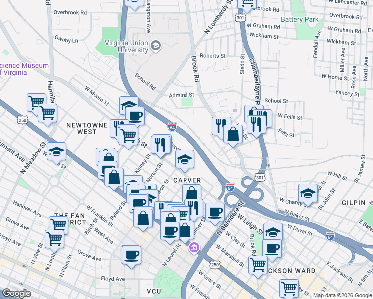 map of restaurants, bars, coffee shops, grocery stores, and more near 1100 West Moore Street in Richmond