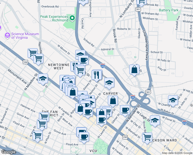 map of restaurants, bars, coffee shops, grocery stores, and more near 1303 West Leigh Street in Richmond