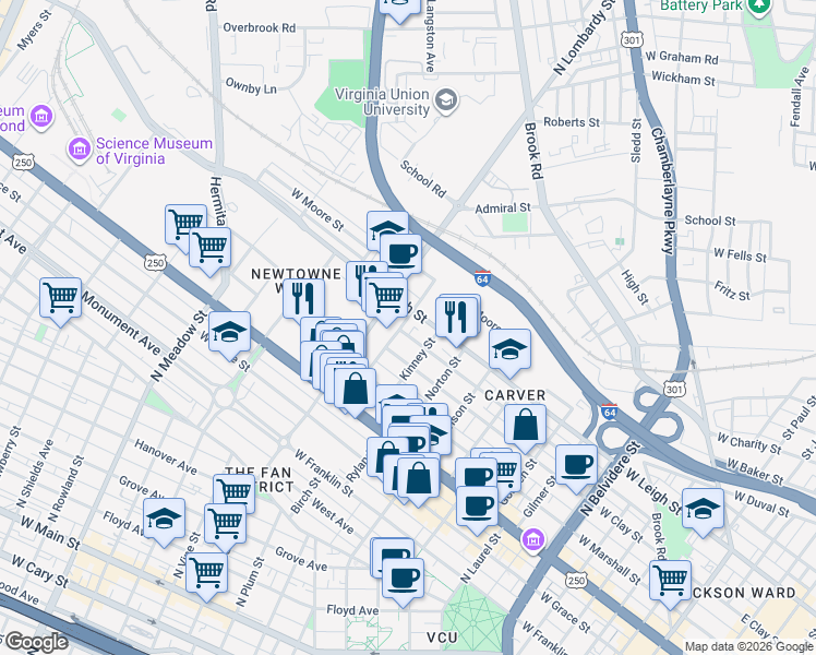 map of restaurants, bars, coffee shops, grocery stores, and more near 1409 Catherine Street in Richmond