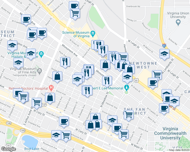 map of restaurants, bars, coffee shops, grocery stores, and more near 2209 Park Avenue in Richmond