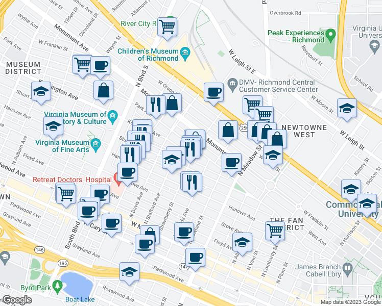 map of restaurants, bars, coffee shops, grocery stores, and more near 2312 Stuart Avenue in Richmond