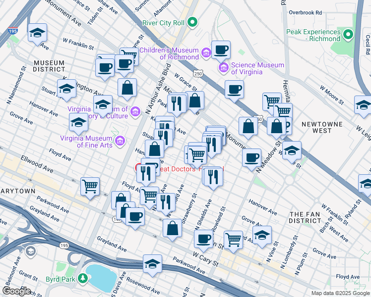 map of restaurants, bars, coffee shops, grocery stores, and more near 2417 Stuart Avenue in Richmond