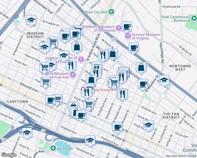 map of restaurants, bars, coffee shops, grocery stores, and more near 2512 Hanover Avenue in Richmond