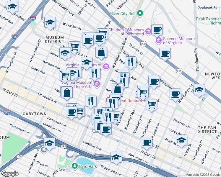 map of restaurants, bars, coffee shops, grocery stores, and more near 219 North Arthur Ashe Boulevard in Richmond