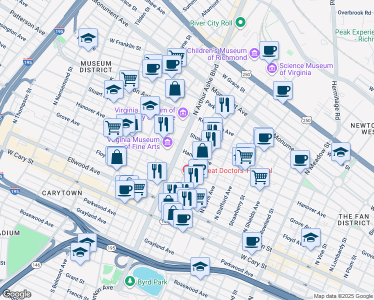 map of restaurants, bars, coffee shops, grocery stores, and more near 219 North Arthur Ashe Boulevard in Richmond
