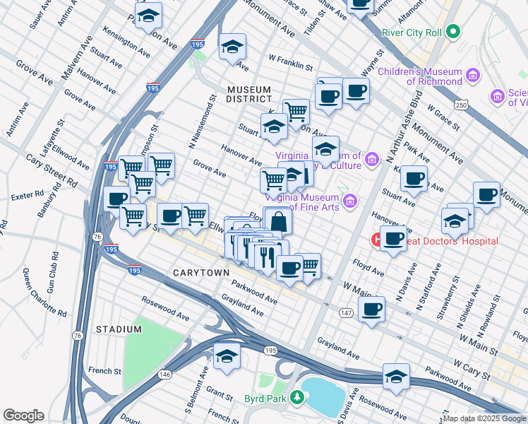 map of restaurants, bars, coffee shops, grocery stores, and more near 3116 Floyd Avenue in Richmond