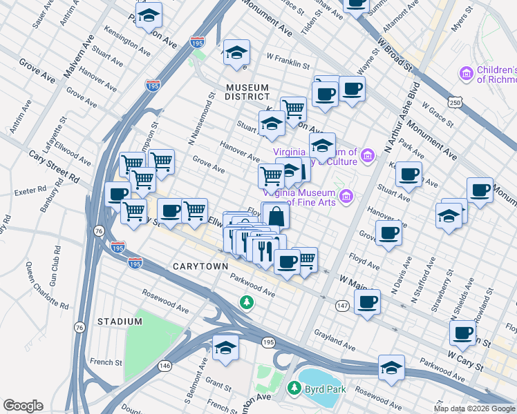 map of restaurants, bars, coffee shops, grocery stores, and more near 3116 Floyd Avenue in Richmond