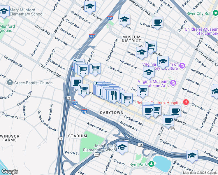 map of restaurants, bars, coffee shops, grocery stores, and more near 3313 Ellwood Avenue in Richmond
