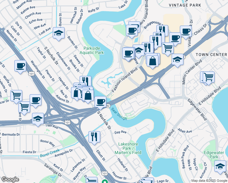 map of restaurants, bars, coffee shops, grocery stores, and more near 1410 Fashion Island Blvd in San Mateo