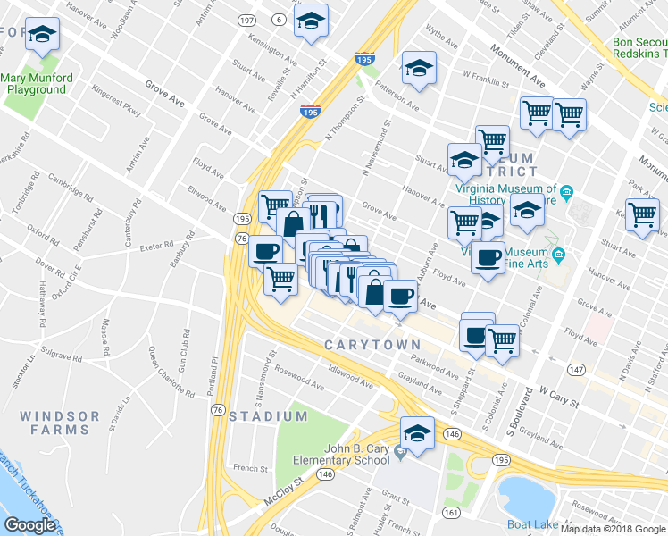 map of restaurants, bars, coffee shops, grocery stores, and more near 3429 Ellwood Avenue in Richmond