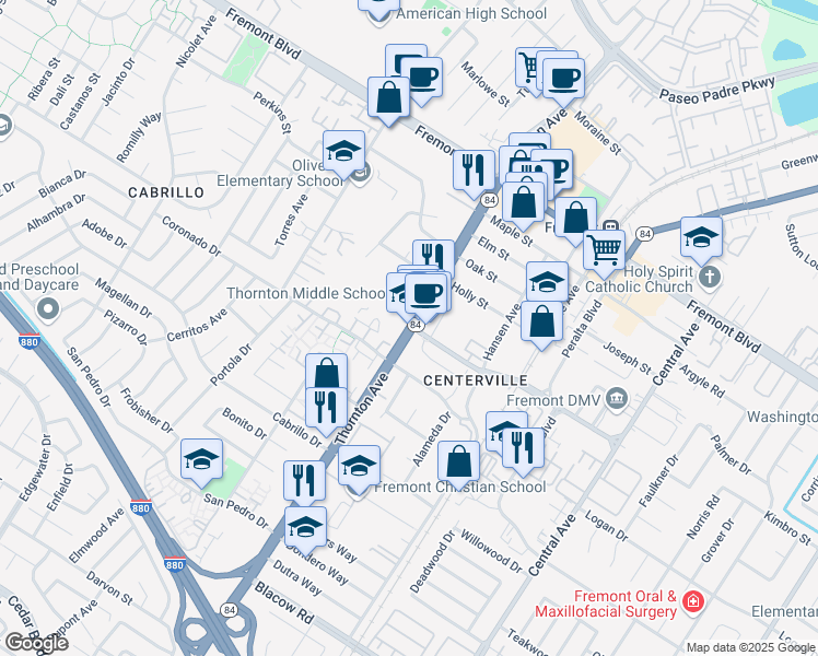 map of restaurants, bars, coffee shops, grocery stores, and more near 4357 Thornton Avenue in Fremont