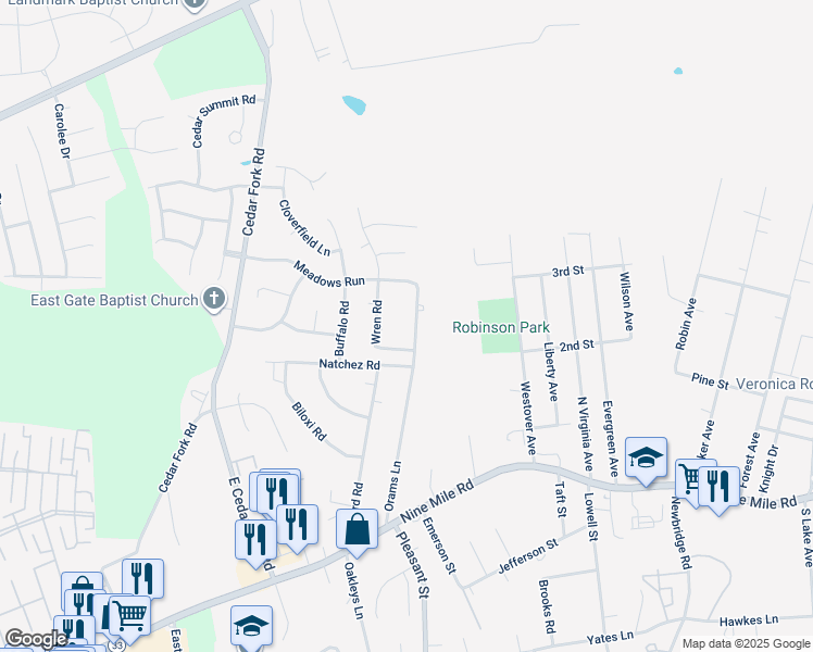 map of restaurants, bars, coffee shops, grocery stores, and more near 208 Orams Lane in Richmond